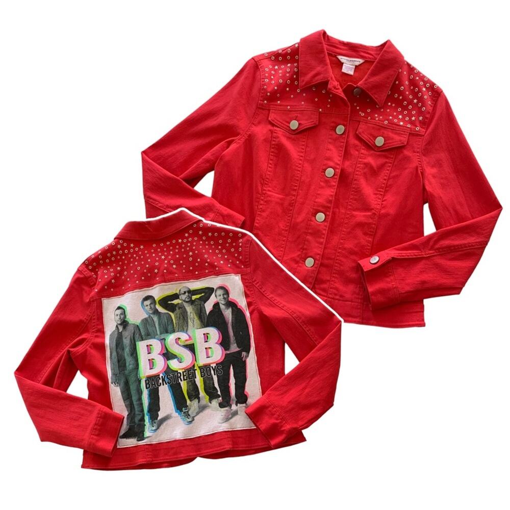 Reworked Backstreet Boys Y2K GraphicUpcycled Red Star Studded Jacket Women's 8P